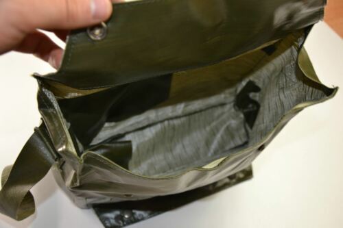 Open olive green Czechoslovakian military gas mask bag used for storing the M-10 gas mask and accessories