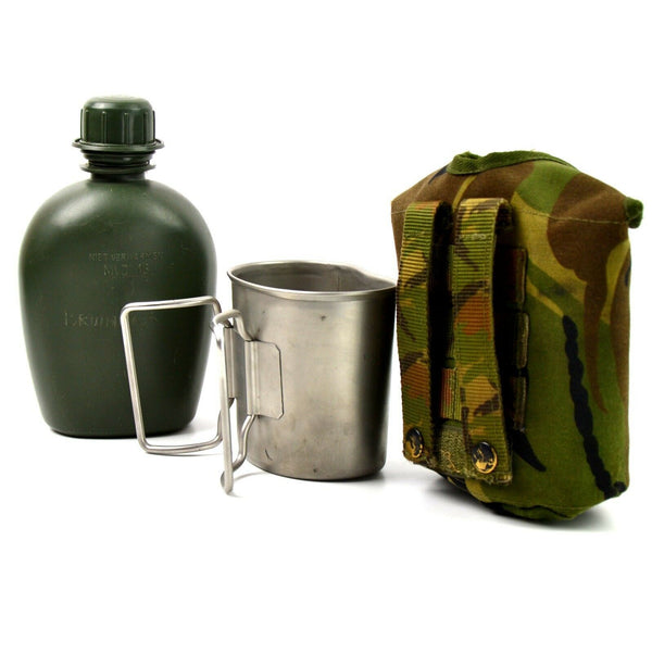 Cantina original del ejército holandés de los Países Bajos con copa y cubierta de camuflaje