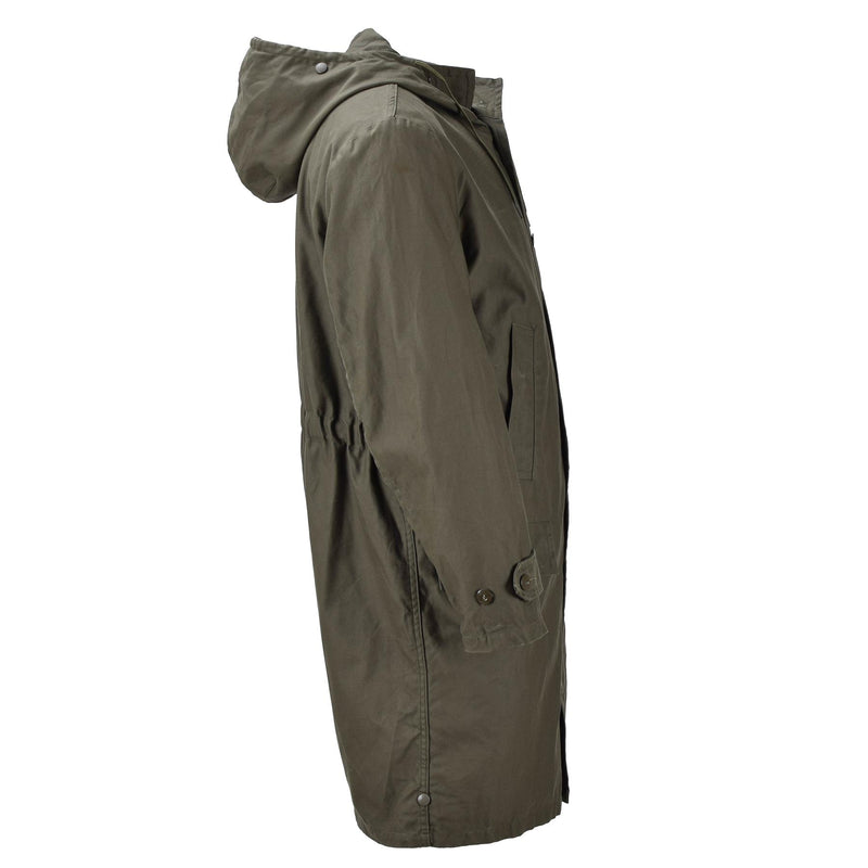 Original alemana militar larga parka chaqueta oliva abrigo con capucha ejército al aire libre