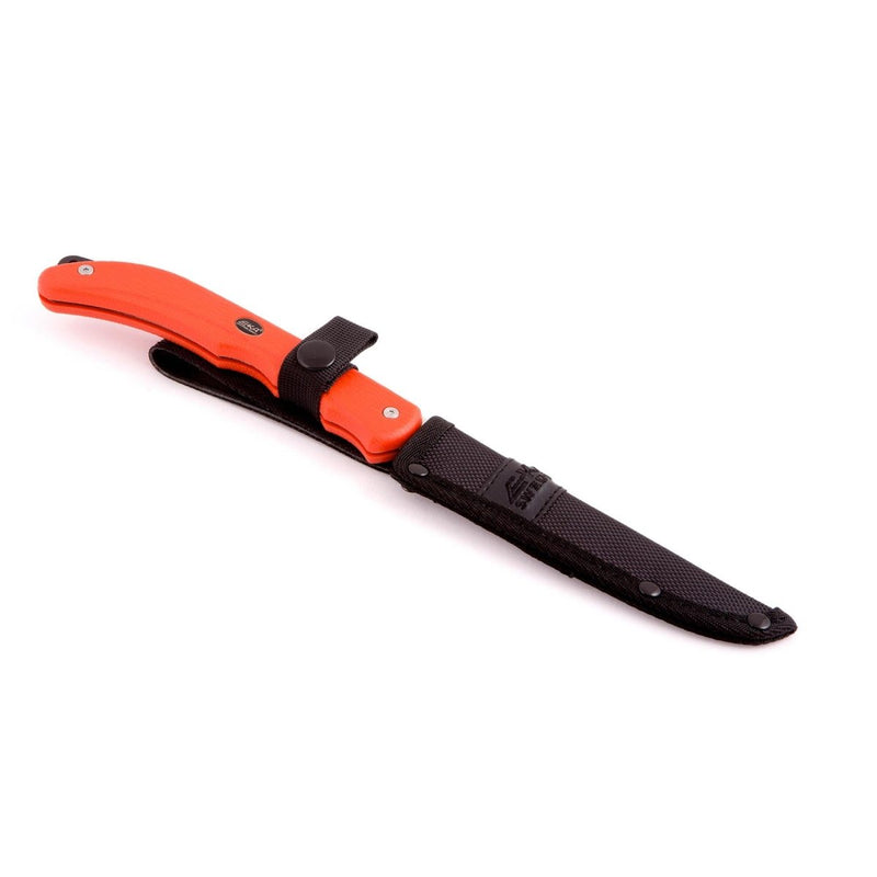 EKA Swedish fillet knife with orange handle and black cordura sheath, dual blade gut opener for fishing and sailing use