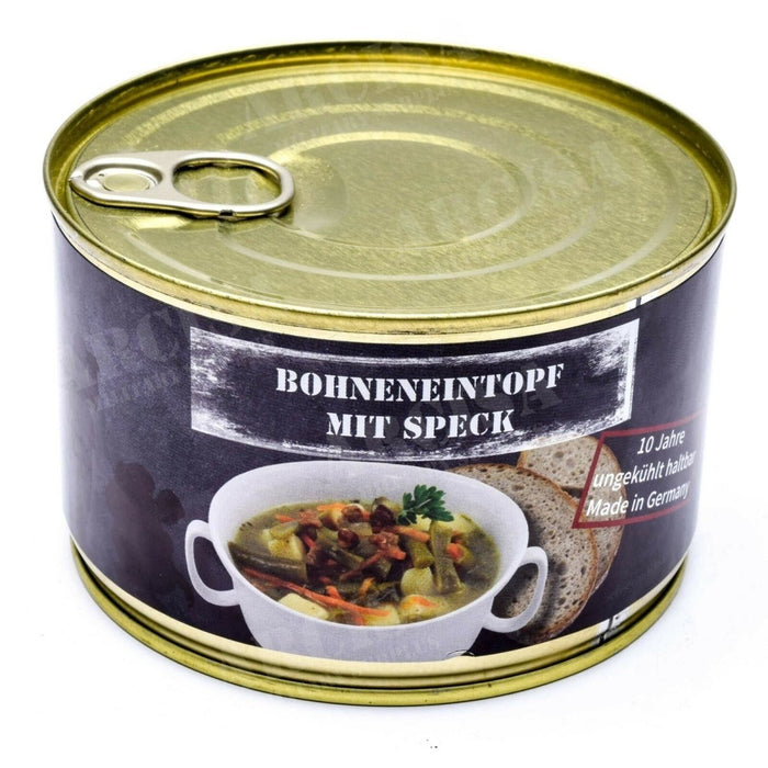 Lata de 400 g de ración de emergencia alemana de guiso de judías con tocino, alimento de supervivencia de larga duración y alto contenido energético.