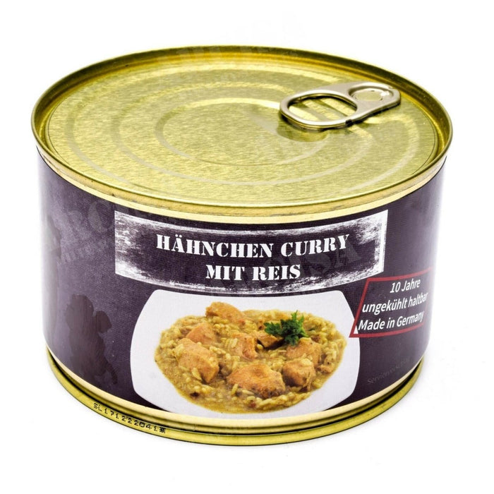 400 g de ración de emergencia enlatada de pollo al curry con arroz, alimento de supervivencia fabricado en Alemania por la marca MFH