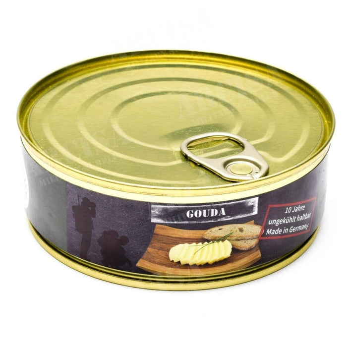 Queso Gouda en lata de 200g para raciones de emergencia, elaborado en Alemania, larga vida útil, ideal para supervivencia y acampada.