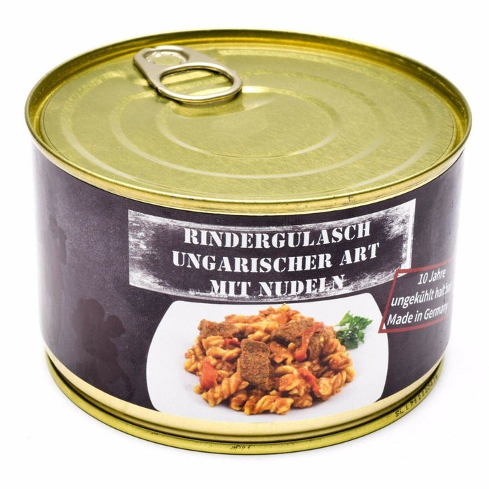 Ración de emergencia gulash de ternera húngara enlatada 400 g con fideos, larga vida útil, alimento de supervivencia de alto valor energético fabricado en Alemania.