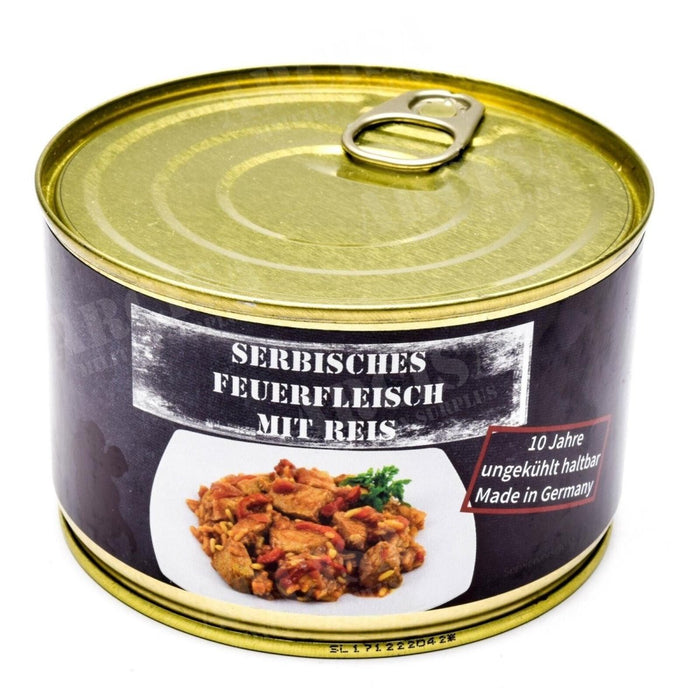 Carne de cerdo serbia enlatada con arroz, ración de emergencia, larga vida útil, fabricada en Alemania, 400 g de comida para caminatas de supervivencia.