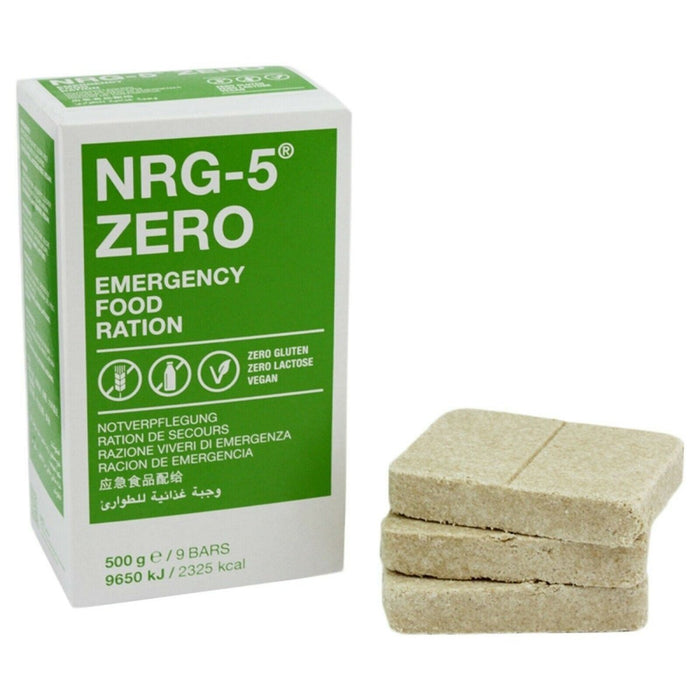 NRG-5 Pack ración de comida vegana de emergencia Zero con nueve barritas sin gluten, 500g de peso total, alimento de supervivencia alto en calorías.