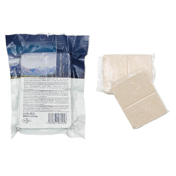 Paquete de alimentos de supervivencia con ración de emergencia SURVIVOR con dos raciones compactas y ricas en calorías de 125 g para uso en exteriores.