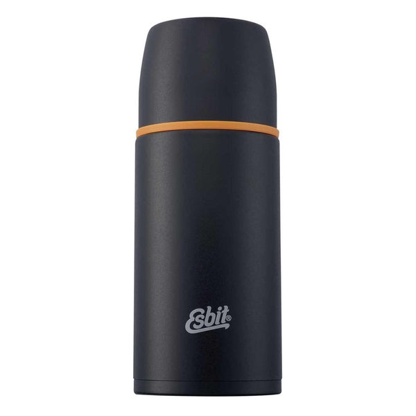 Black ESBIT stainless steel vacuum flask 750ml with 12-hour heat retention and extra mug cap for pouring.