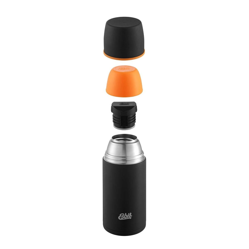 Black ESBIT stainless vacuum flask 750ml with orange inner mug and secure pouring cap, disassembled view