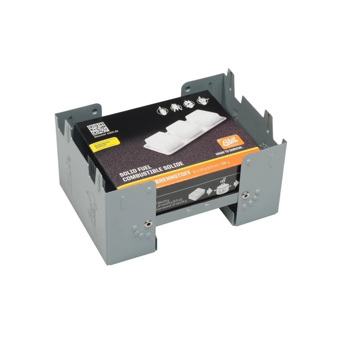Estufa de bolsillo ultraligera plegable ESBIT compacta de color gris con pastillas de combustible sólido incluidas para acampar y cocinar al aire libre