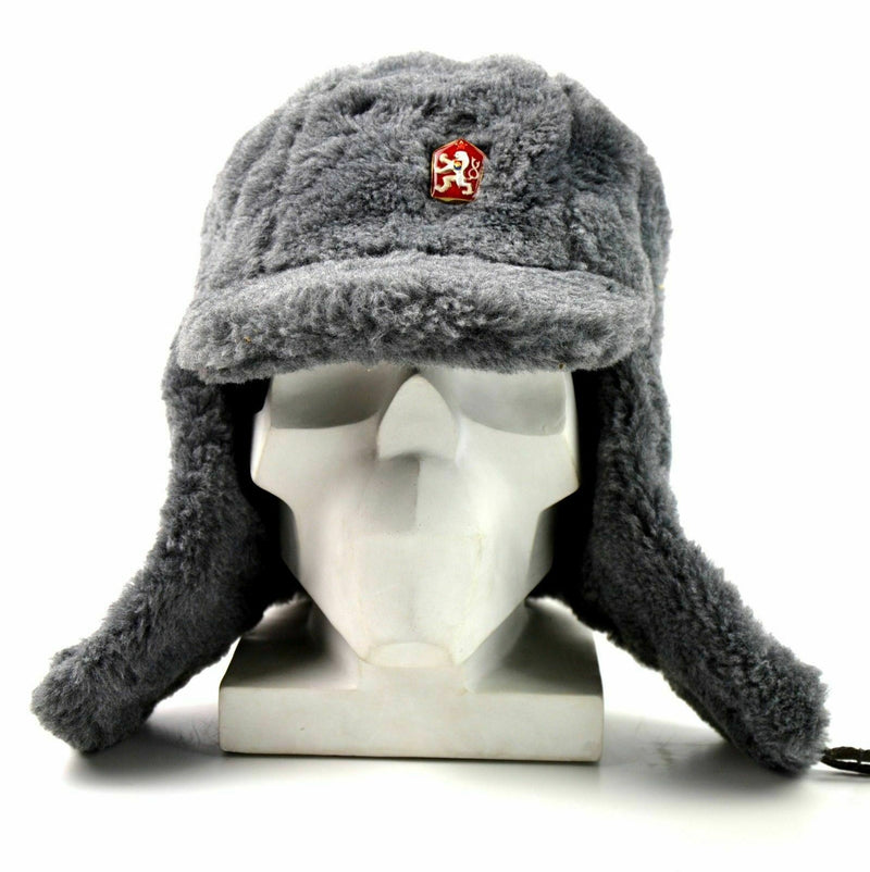 Genuino ejército checo Capa de invierno Ushanka Fur gris Sombrero cálido Cz Militares Isignia