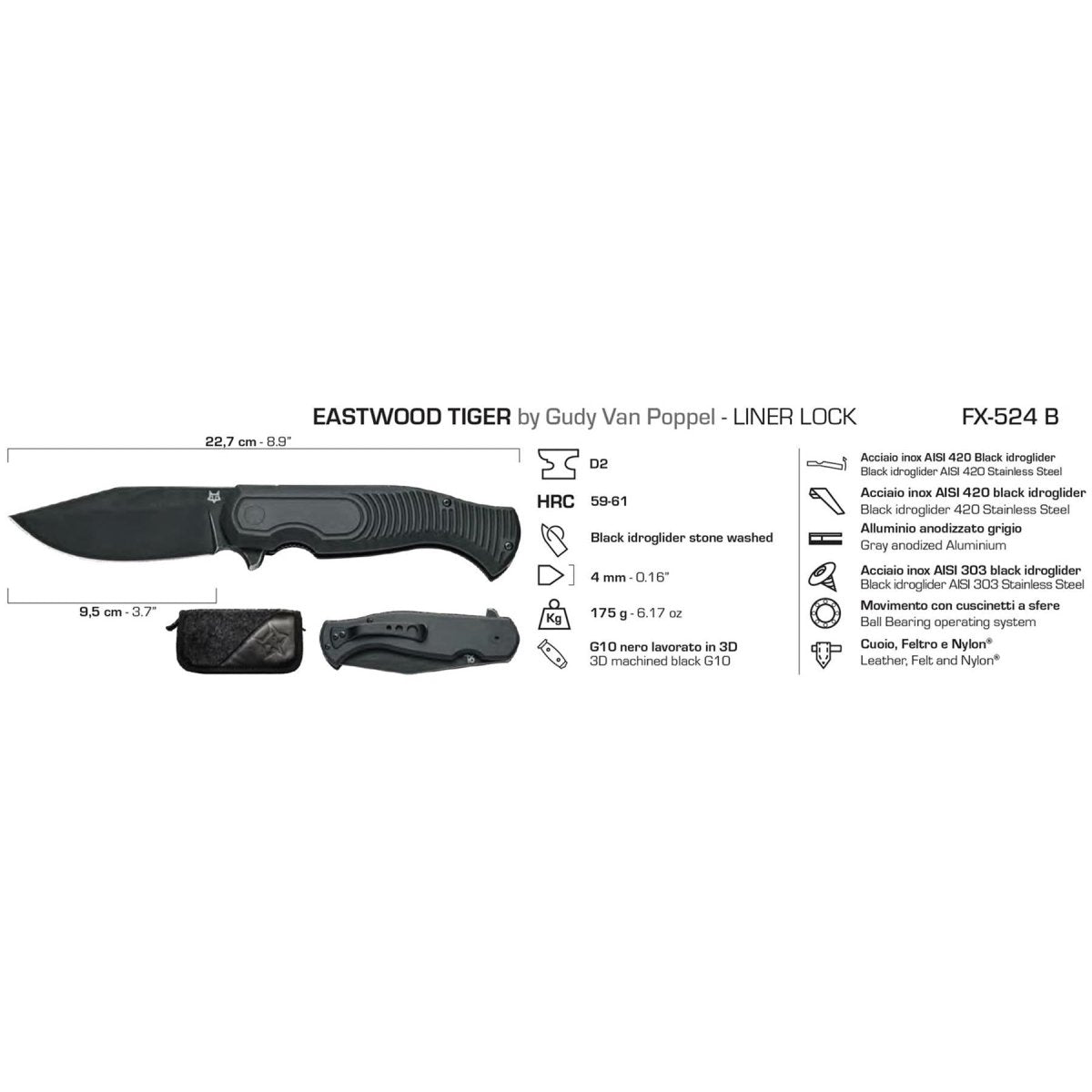 Fox Knives EASTWOOD TIGER Navaja de bolsillo de alta velocidad D2 acero G10 negro táctico
