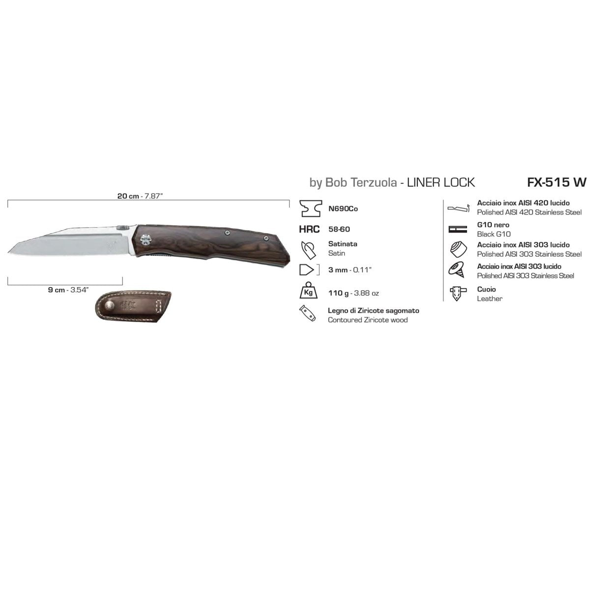 Fox Knives Terzuola Design navaja de caballero con mango de ziricote satinado