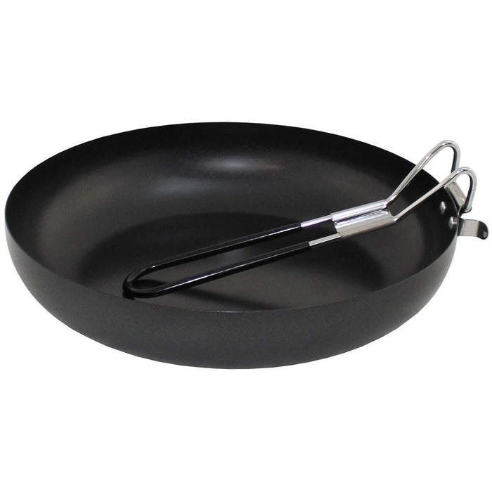 Sartén para exteriores Fox, plegable, de acero, con mango recubierto de goma, tapa esmaltada, negro que muestra el mango plegado en una imagen cuadrada