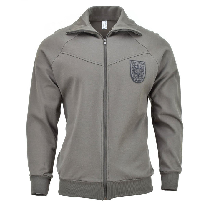 Chaqueta deportiva genuina del ejército austriaco en color gris con cremallera completa y parche con insignia militar en el pecho, chaqueta deportiva de estilo vintage.