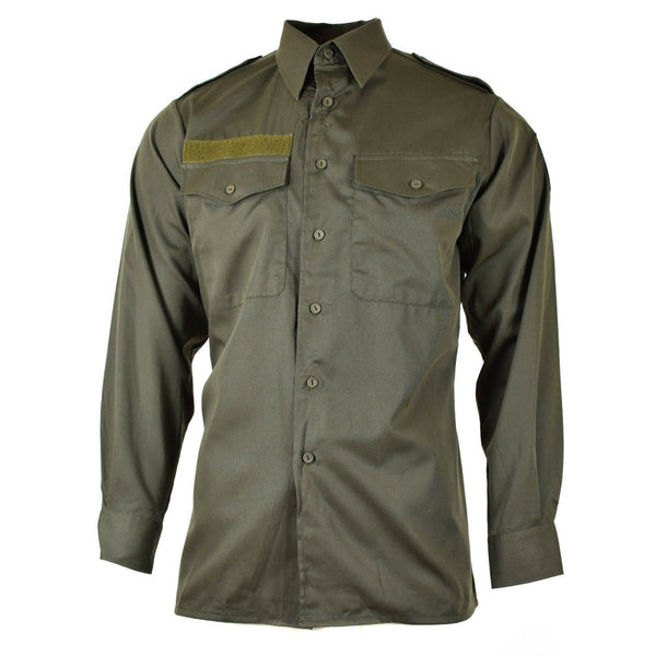 Genuine Austrian army M65 olive green long sleeve military combat shirt with button-up front and chest pockets.