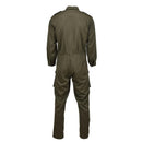 Back view of olive Genuine Austrian military mechanic coverall with long sleeves, shoulder epaulettes, and cargo pockets