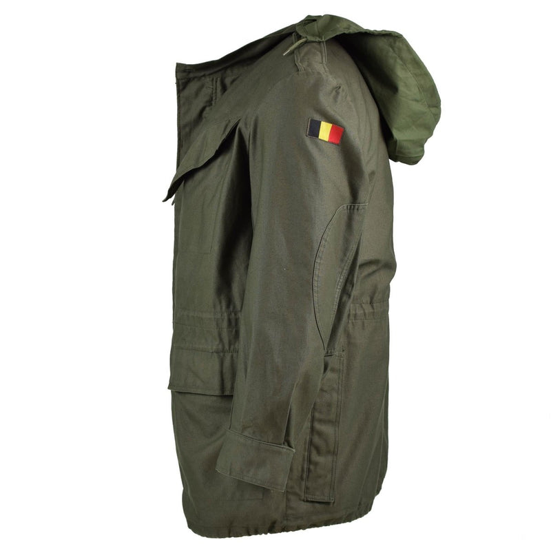 Olive green Genuine Belgian army M64 field jacket with hood and Belgian flag patch on sleeve, waterproof cotton parka