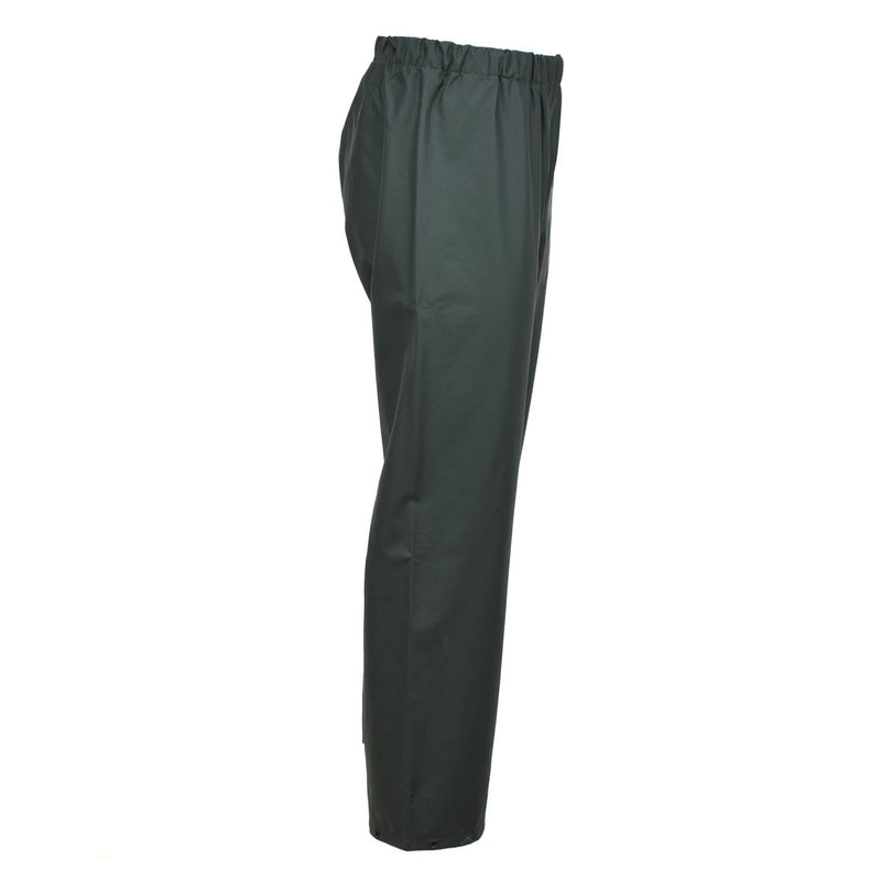 Genuine Belgian military waterproof outdoor pants in olive with elastic waist and adjustable ankles, durable for all weather.