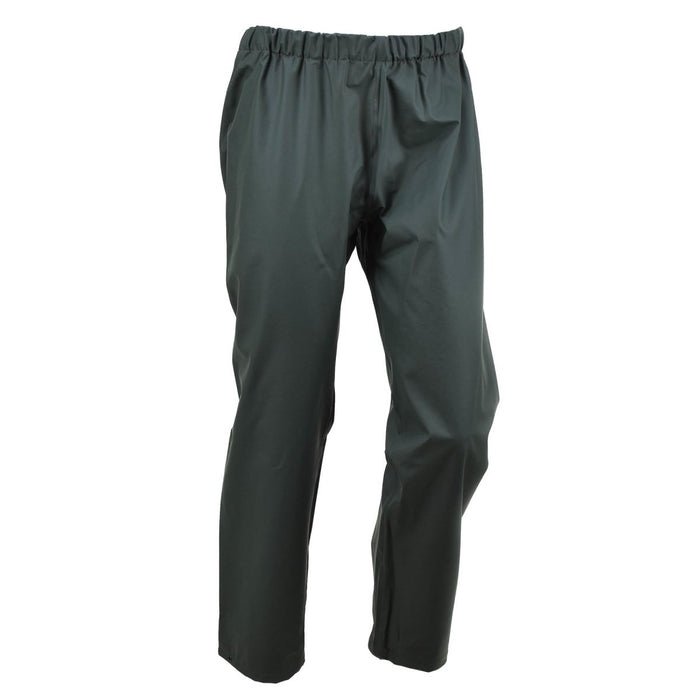 Genuinos pantalones militares belgas impermeables para clima húmedo en color oliva con cintura elástica y tobillos ajustables para uso en exteriores.