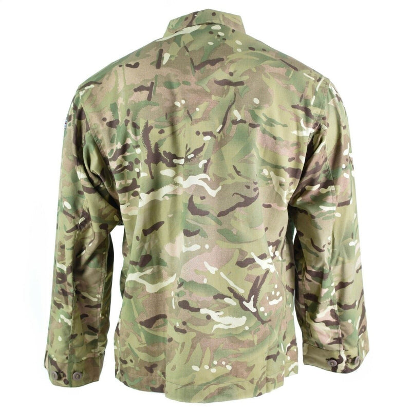 Back view of genuine British Army issue combat MTP field jacket in multicam camouflage pattern with buttoned cuffs.