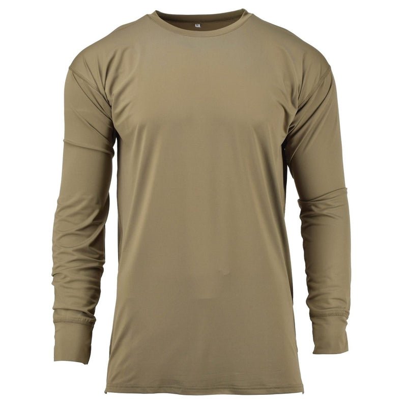 Genuine British Army brown MTP thermal undershirt with long sleeves, lightweight, breathable, and antimicrobial military surplus gear.