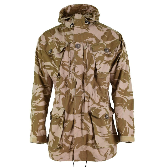 Parka cortavientos auténtica del ejército británico con camuflaje DPM del desierto, capucha, múltiples bolsillos, cintura y puños ajustables.