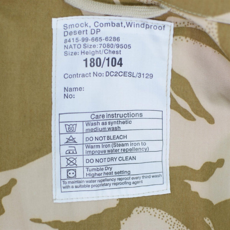 Care label on British army desert camo windproof smock jacket with washing and ironing instructions