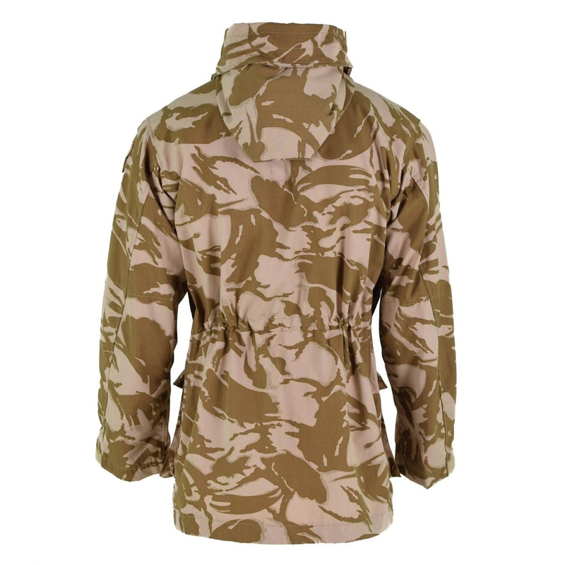 Back view of genuine British army desert camo DPM windproof parka jacket with adjustable waist and hood.