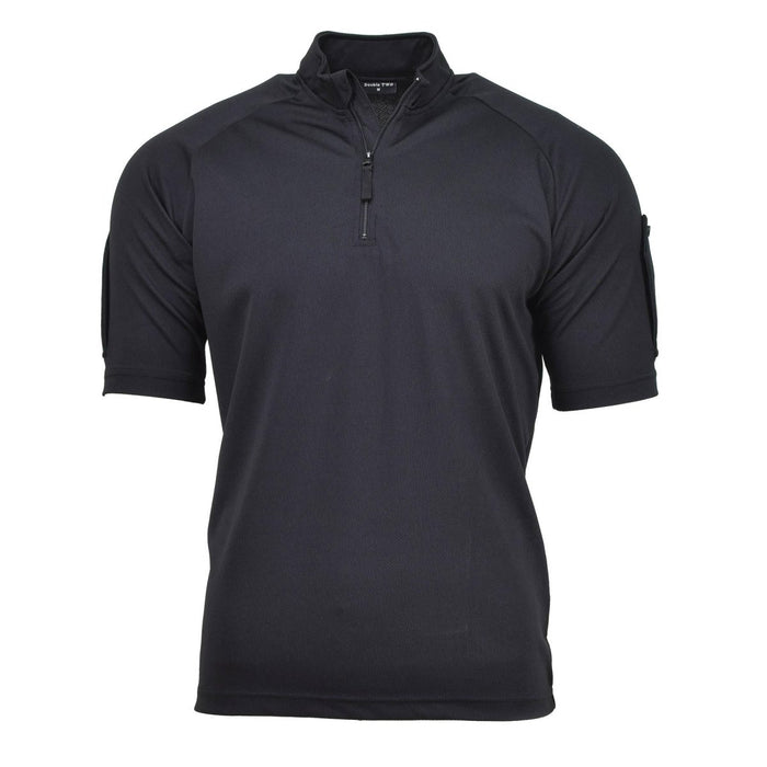 Polo táctico de la policía británica en color negro con media cremallera, tejido elástico transpirable y diseño funcional.