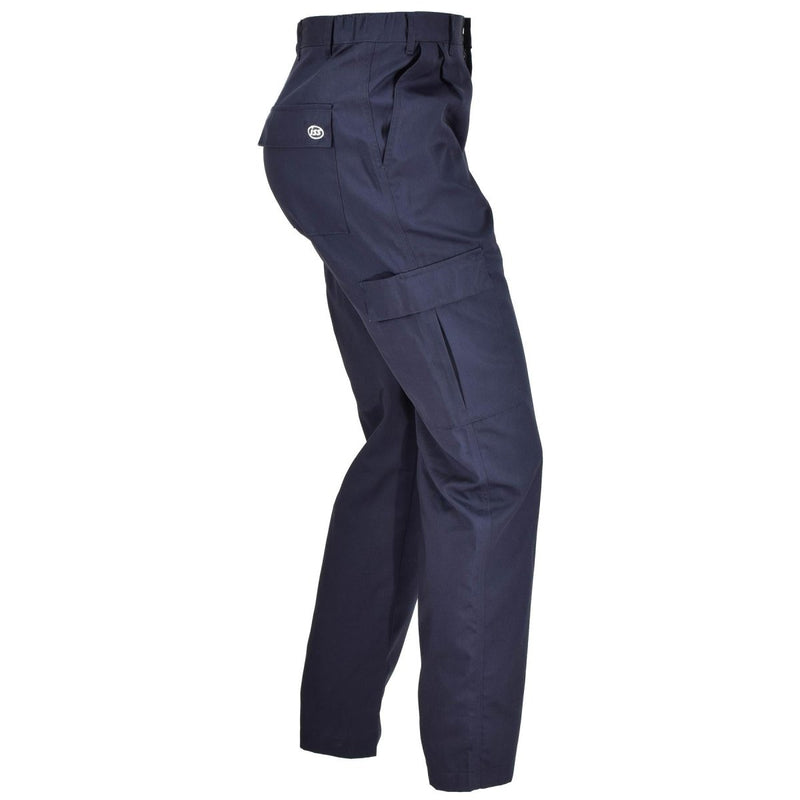Genuine British ISS blue military surplus cargo work pants with secure pockets and durable polycotton fabric.