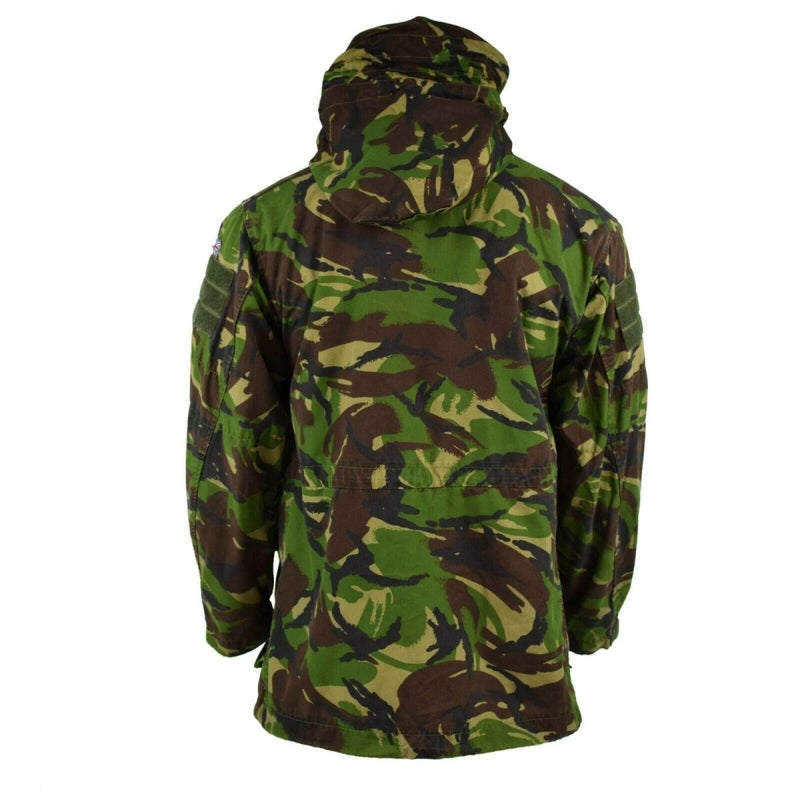 Back view of Genuine British military combat smock jacket with hood in DPM camouflage pattern, designed for durability and functionality.