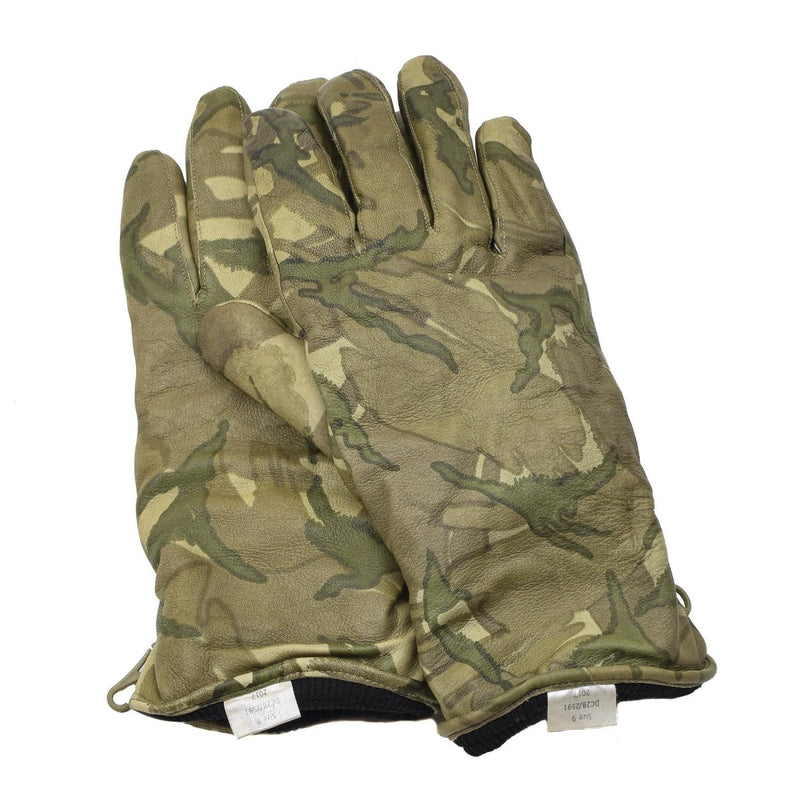 Pair of genuine British military MK II combat leather gloves in insulated MTP camouflage with padded knuckles and palms