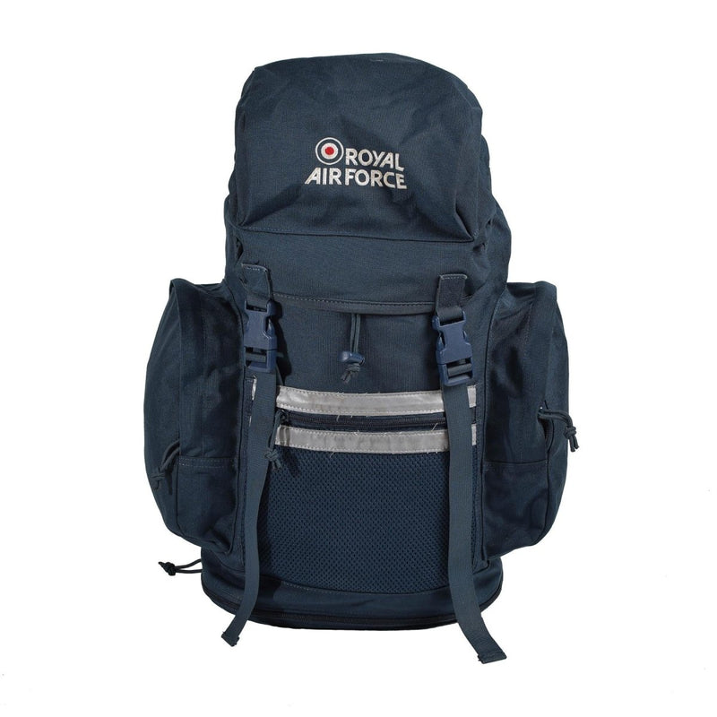 Navy blue Royal Air Force backpack with embroidered logo, durable canvas, side pockets, and front buckle straps.