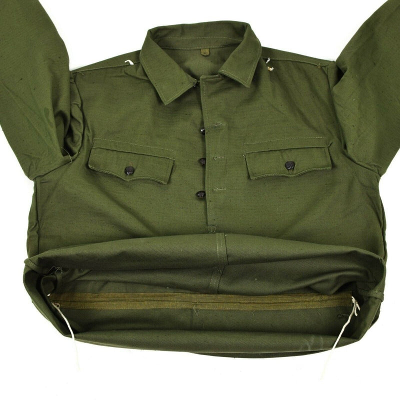 Genuine Bulgarian army olive green field jacket with buttoned chest pockets and rugged military design.