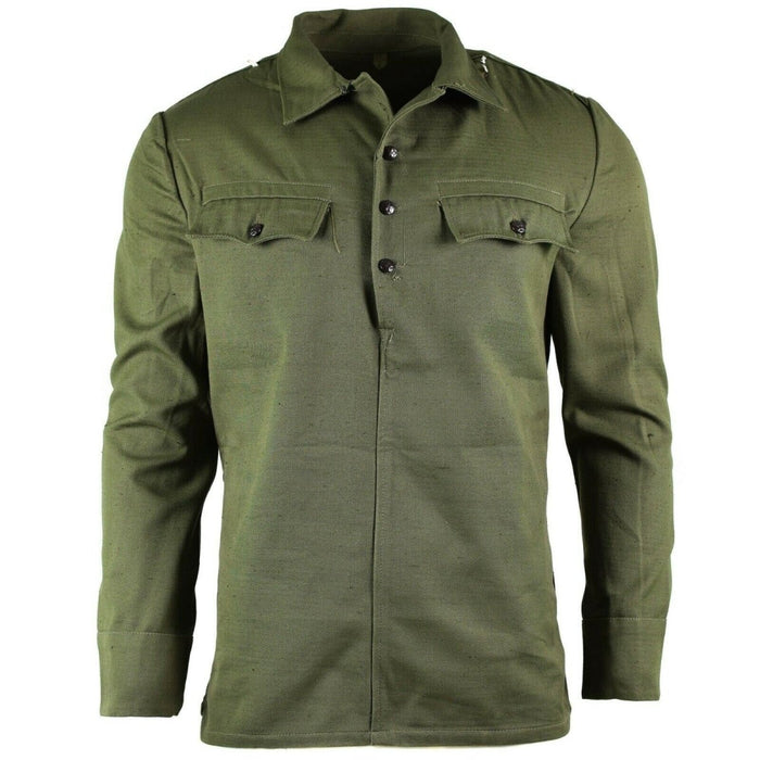 Camisa militar BDU genuina del ejército búlgaro de color verde oliva con bolsillos en el pecho con botones y tela duradera para uso en combate.