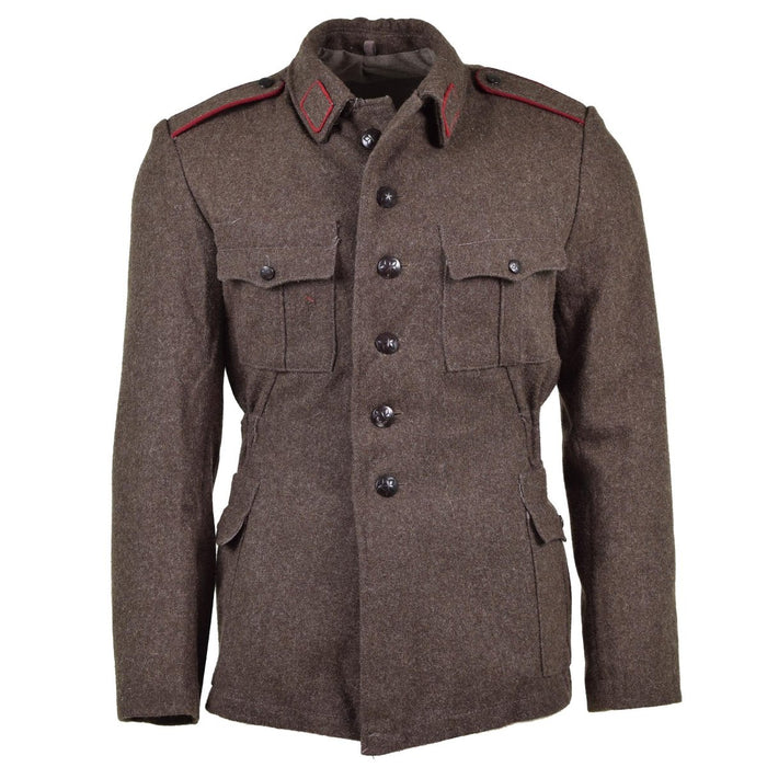 Chaqueta vintage de lana del ejército búlgaro en color marrón grisáceo con diseño militar, cierre de botones y múltiples bolsillos para mayor durabilidad.