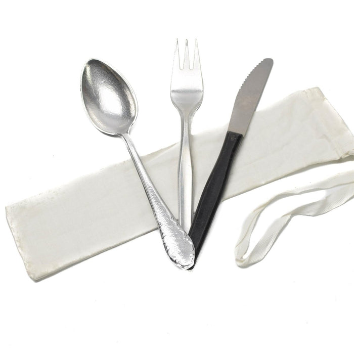 Juego de cubiertos de aluminio auténtico del ejército checo de 3 piezas con cuchara, tenedor, cuchillo y bolsa de transporte blanca excedente militar
