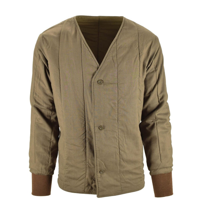 Chaqueta con forro térmico acolchado M60 del ejército checo genuina con botones en la parte delantera y puños acanalados marrones para mayor calidez y durabilidad.