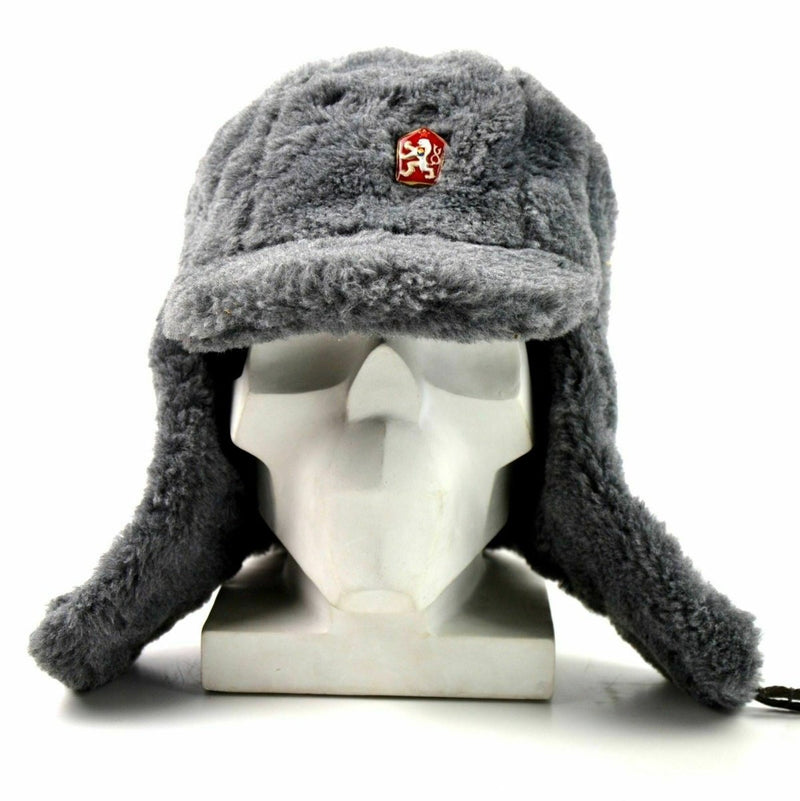 Genuine Czech army winter cap Ushanka grey fur warm hat CZ military isignia - GoMilitar