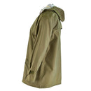 Genuine Danish army olive drab waterproof rain jacket with hood, adjustable cuffs, and storm flap for wet weather protection