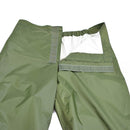 Vintage genuine Danish army olive waterproof rain trousers with hook and loop front closure and polyamide fabric.