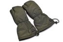 Pair of genuine Danish army OD green trigger finger mittens with adjustable cuffs and reinforced palms for durability and grip.