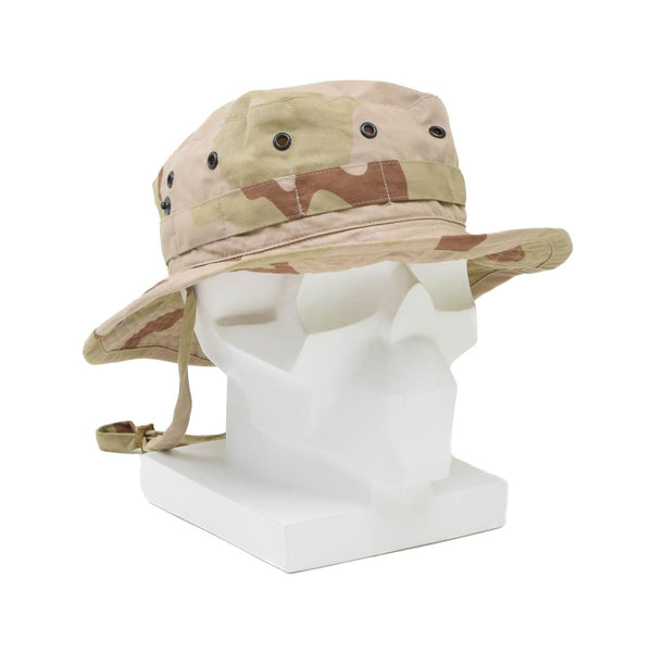 Genuine Dutch army boonie hat in desert camouflage with wide brim and adjustable chin strap for outdoor use.