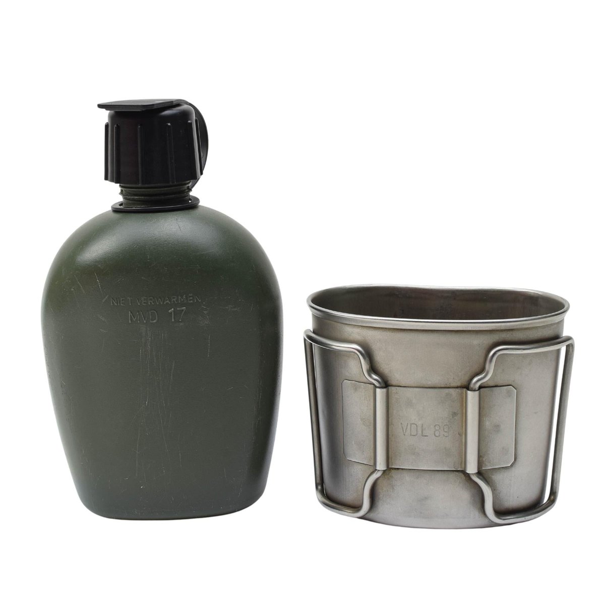Cantina del ejército holandés genuino W Pouch y tapa de tapa de copa de acero inoxidable Alice Clips
