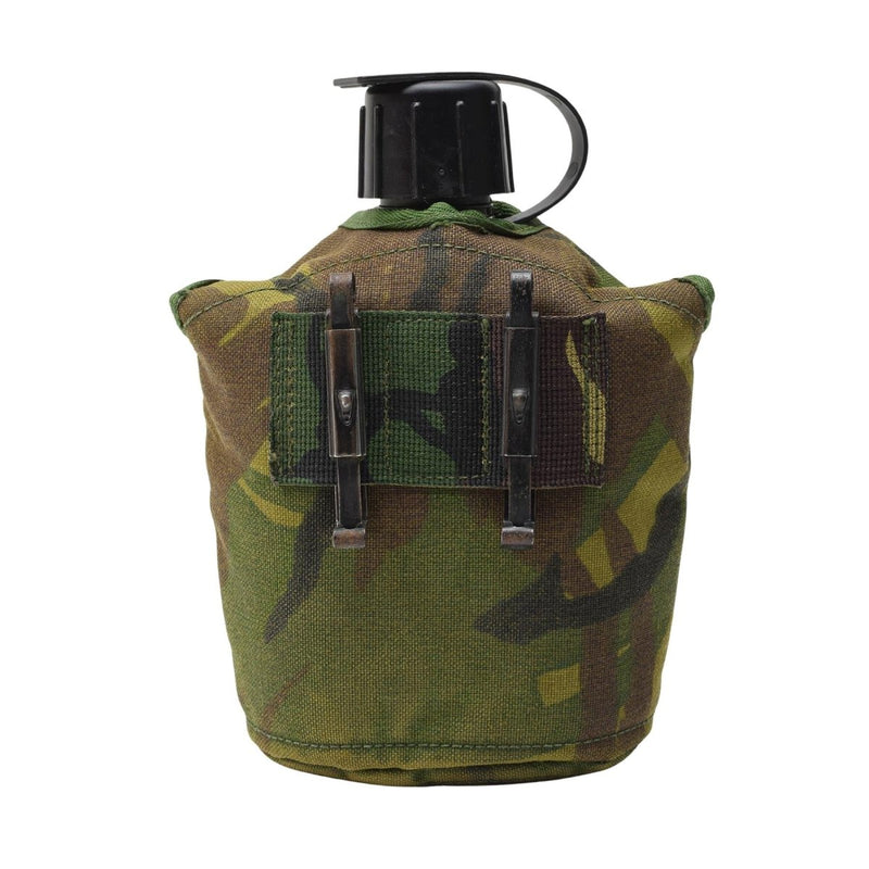 Genuine Dutch Army canteen with camouflage pouch, black cap, and ALICE clips for rugged outdoor use.