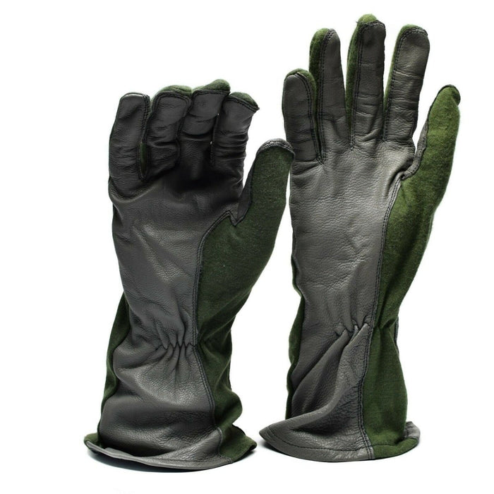 Guantes de combate genuinos de la Fuerza Aérea del Ejército Holandés con palmas de cuero y fibra de aramida Nomex para una protección duradera y resistente al fuego.
