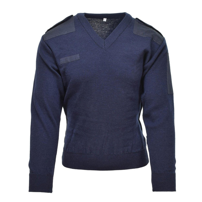Suéter tipo jersey con cuello en V, tejido acanalado, color azul oscuro, genuino del ejército holandés, con parches en los hombros y diseño militar excedente.