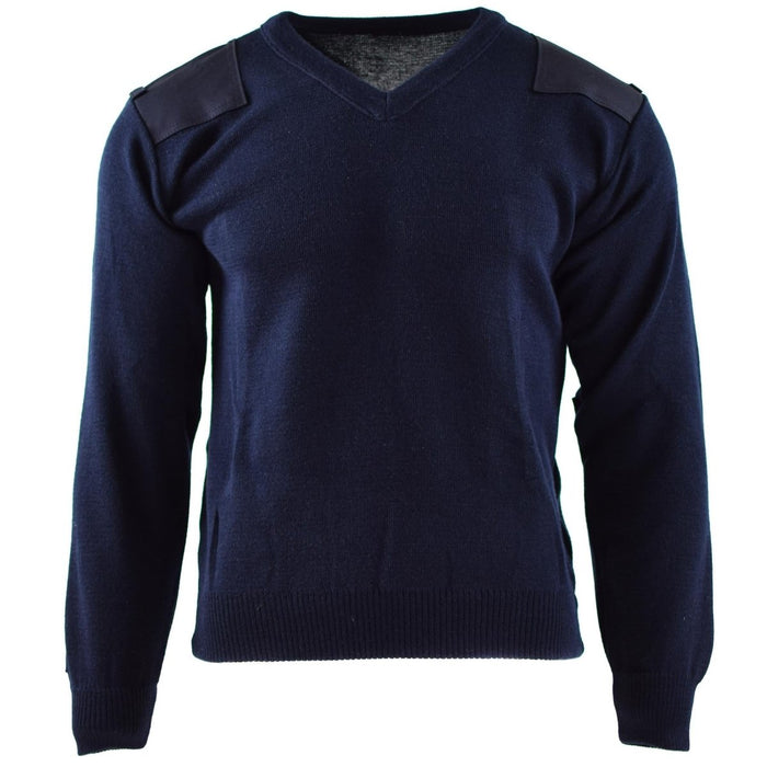 Suéter genuino del ejército holandés de color azul oscuro con hombros y codos reforzados, jersey militar con cuello en V para mayor durabilidad y comodidad.