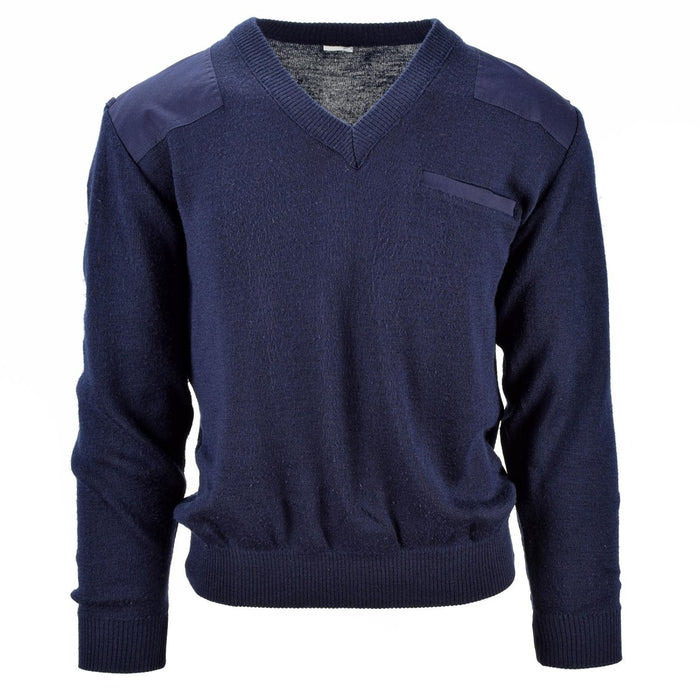Jersey azul marino del ejército holandés con cuello en V, hombros y codos reforzados, diseñado para brindar durabilidad y estilo.
